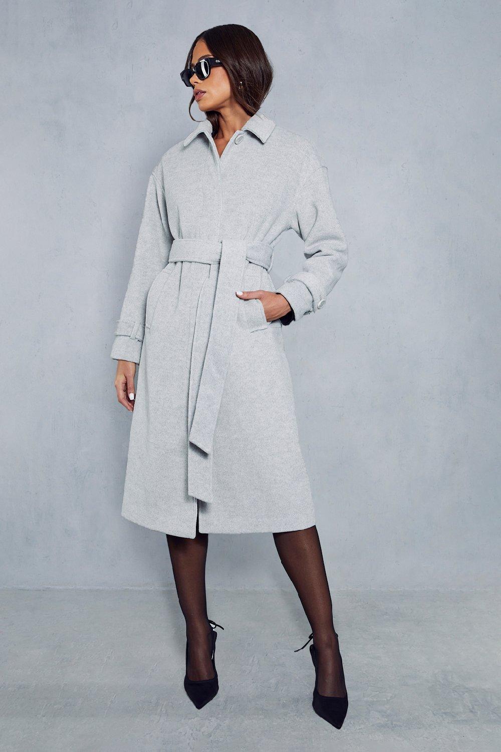 Textured Belted Trench Coat in Grey