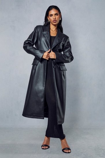 Black Premium Leather Look Longline Trench Coat