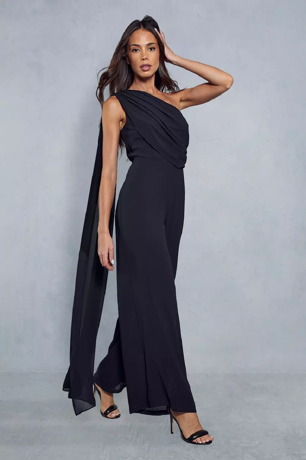 Black Drape One Shoulder Jumpsuit