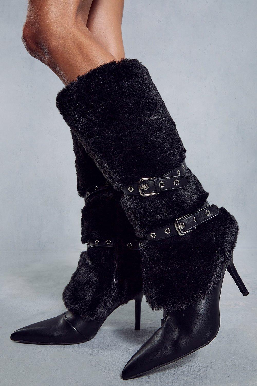 Black knee high top boots with fur trim