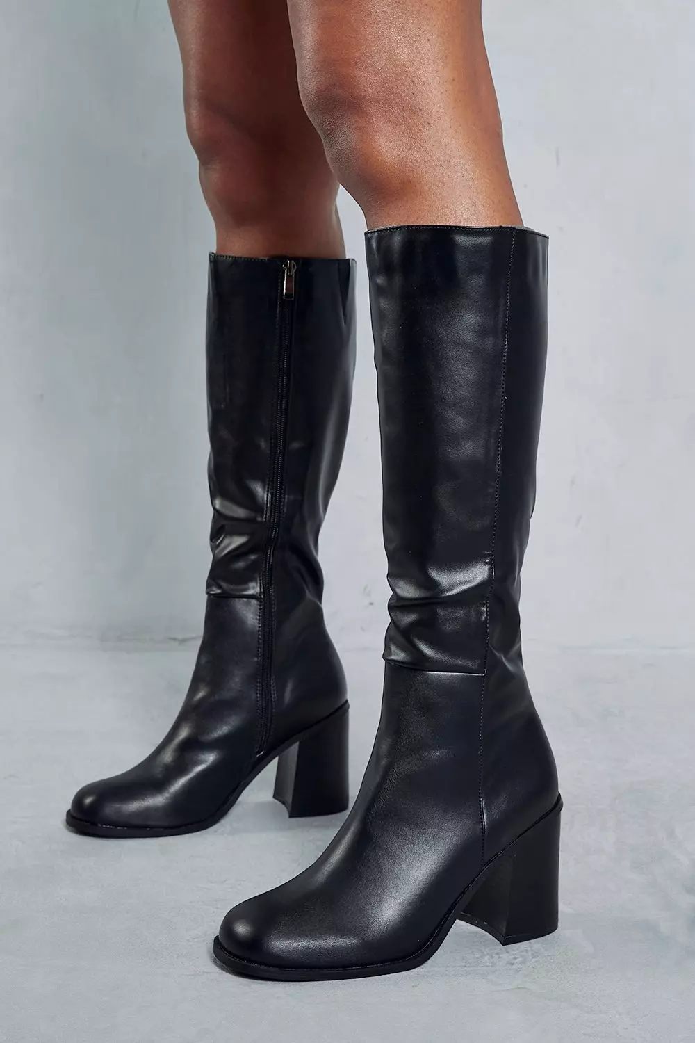 Leather Look Square Toe Knee High Boots