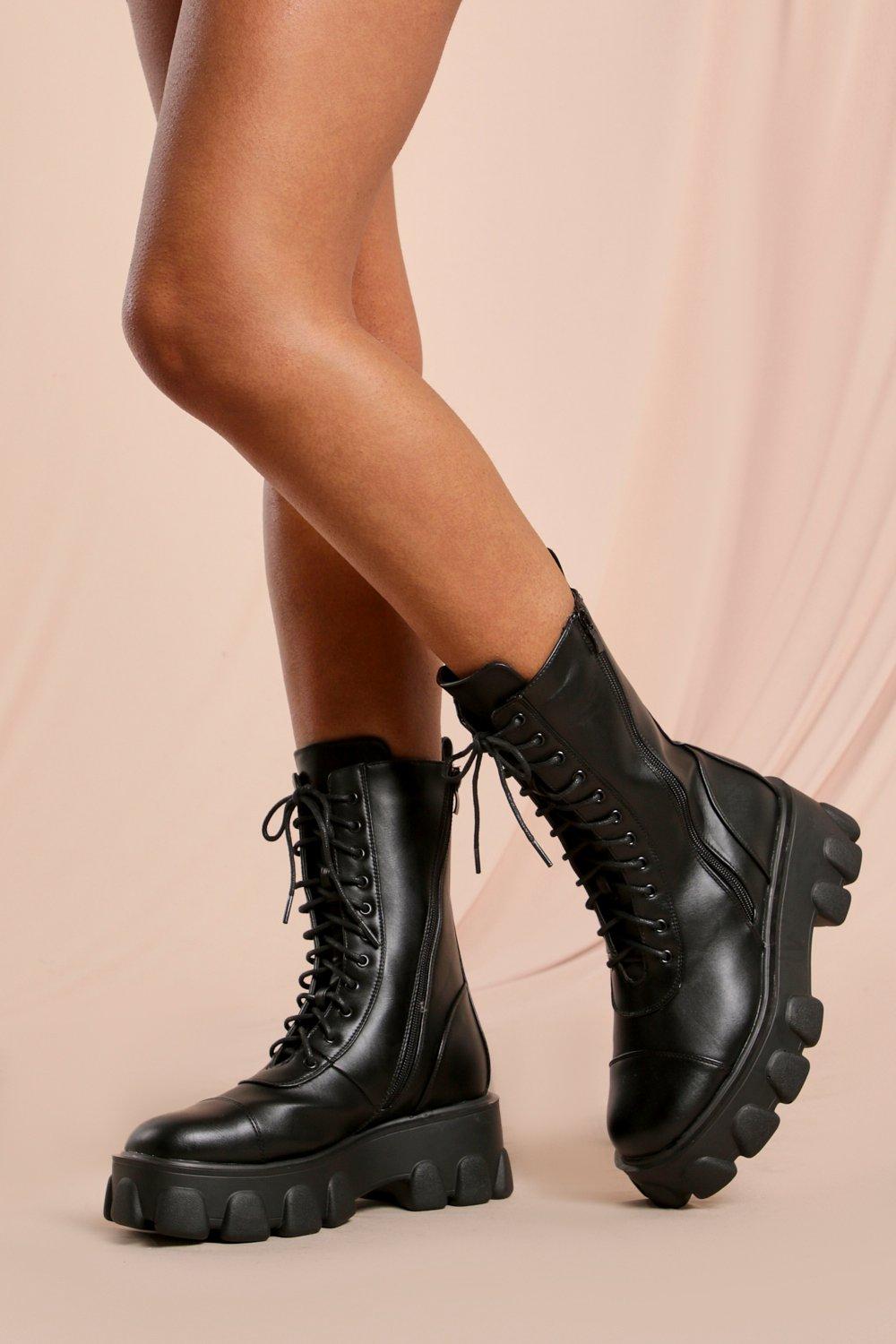 Faux Leather Chunky Lace Up Ankle Boot Misspap UK