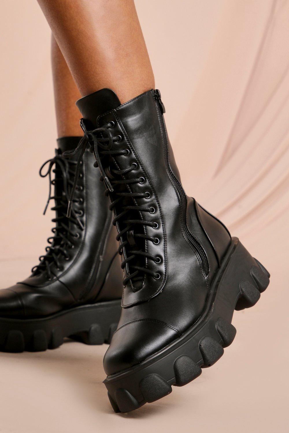 chunky lace up leather boots