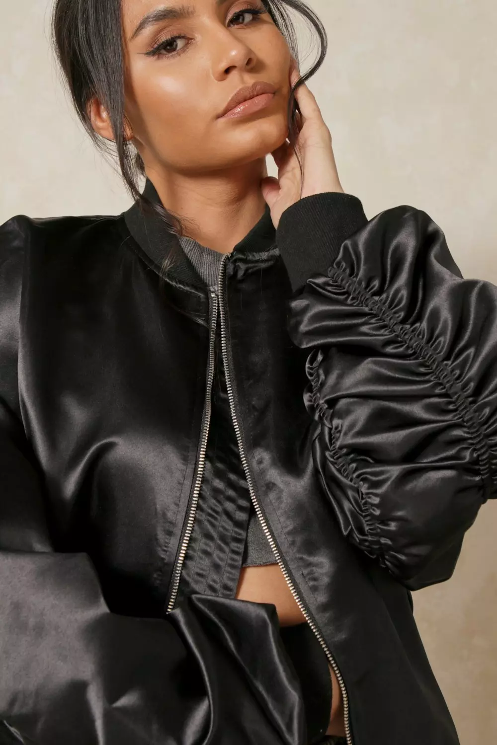 Satin Bomber Jacket With Padded Shoulder