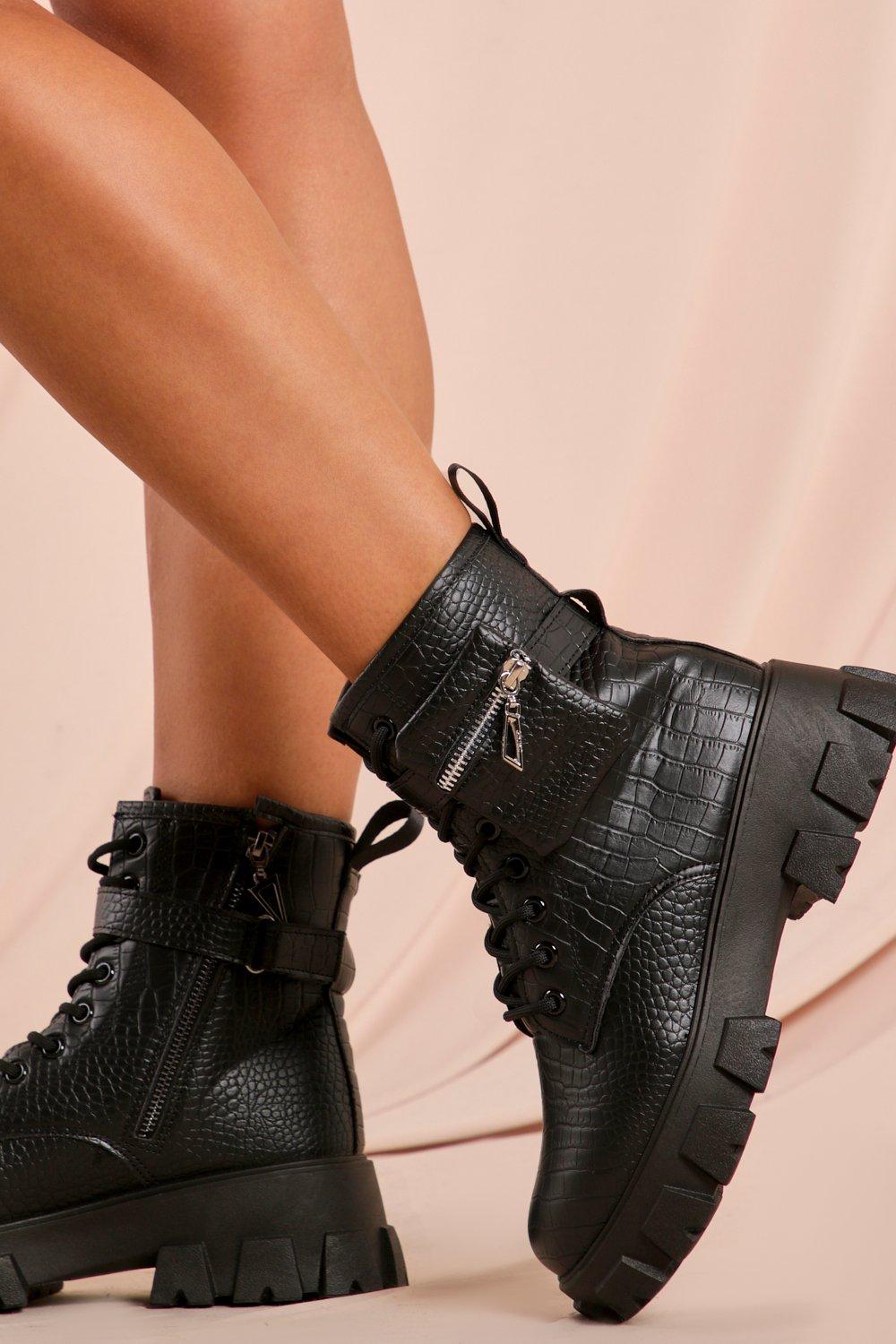 black croc lace up ankle boots