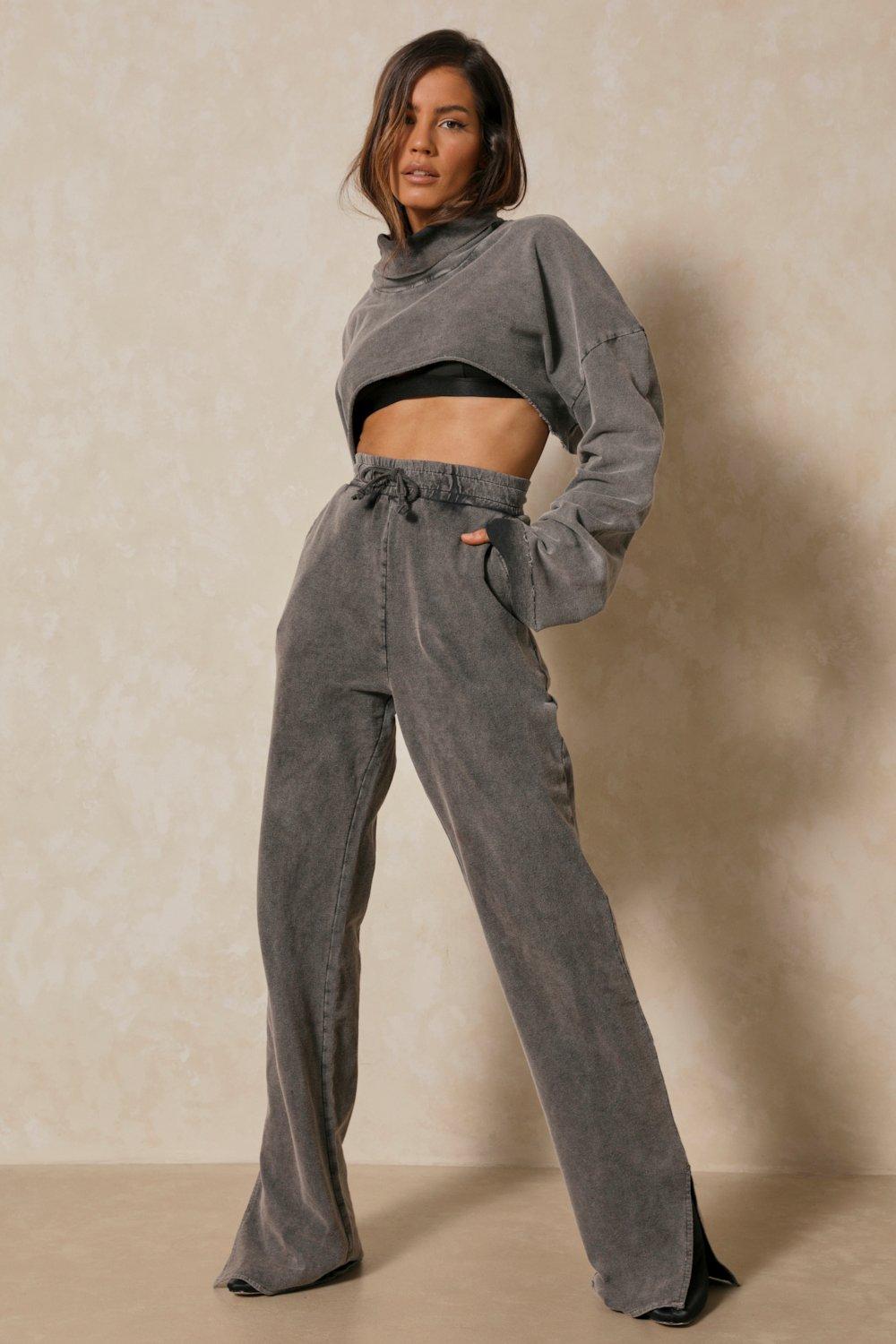 Acid Wash Split Hem Wide Leg Jogger | Misspap UK