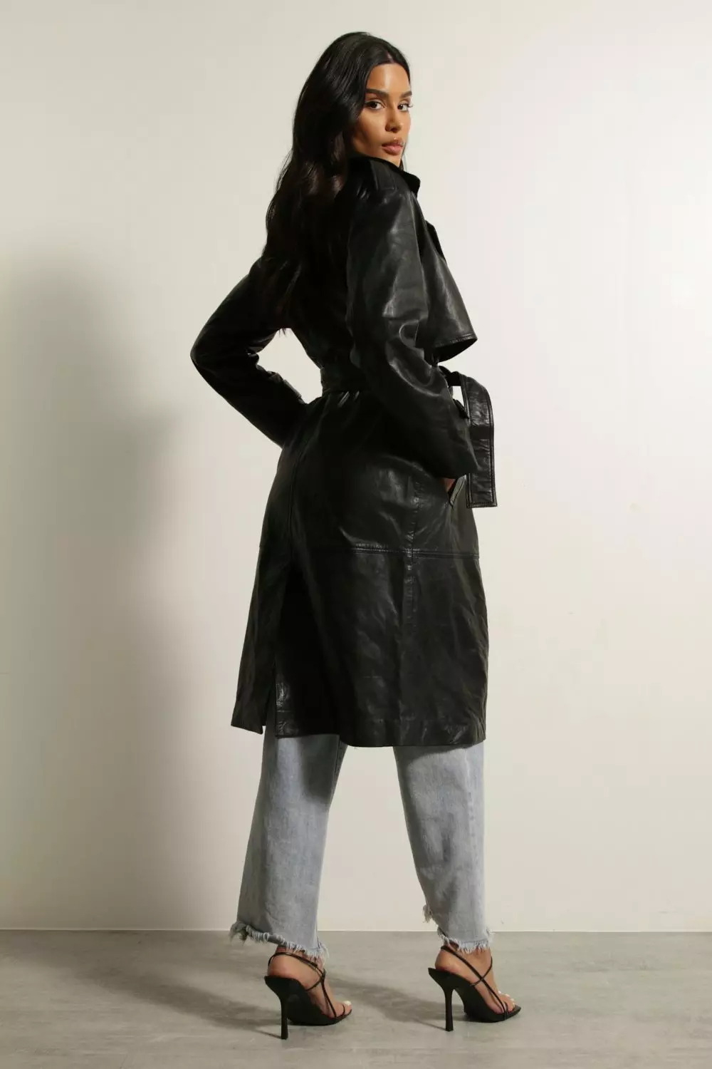 grey leather trench coat