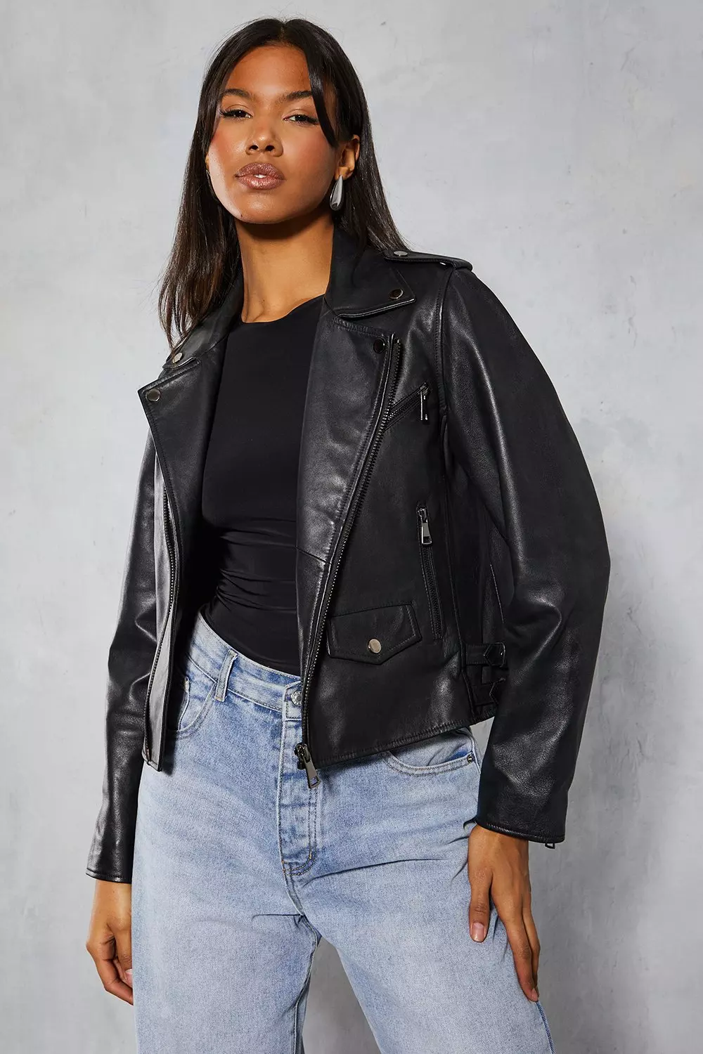 ASOS Premium Leather Oversized Biker Jacket With Chain Detail in