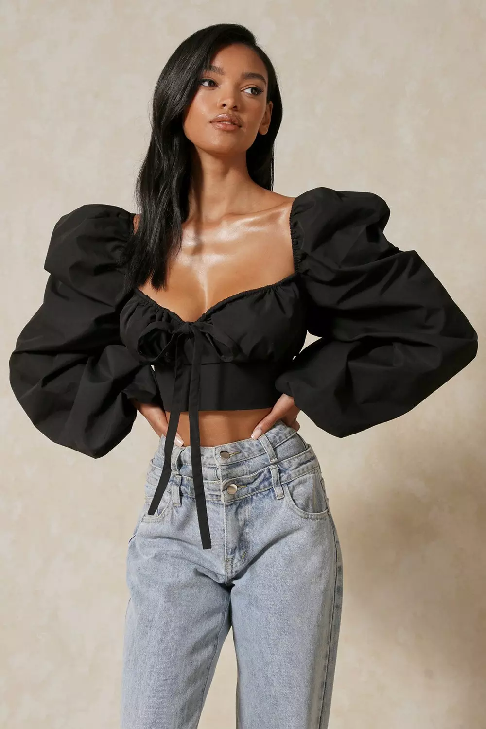 ASOS LUXE cotton puff sleeve mini crop top in black