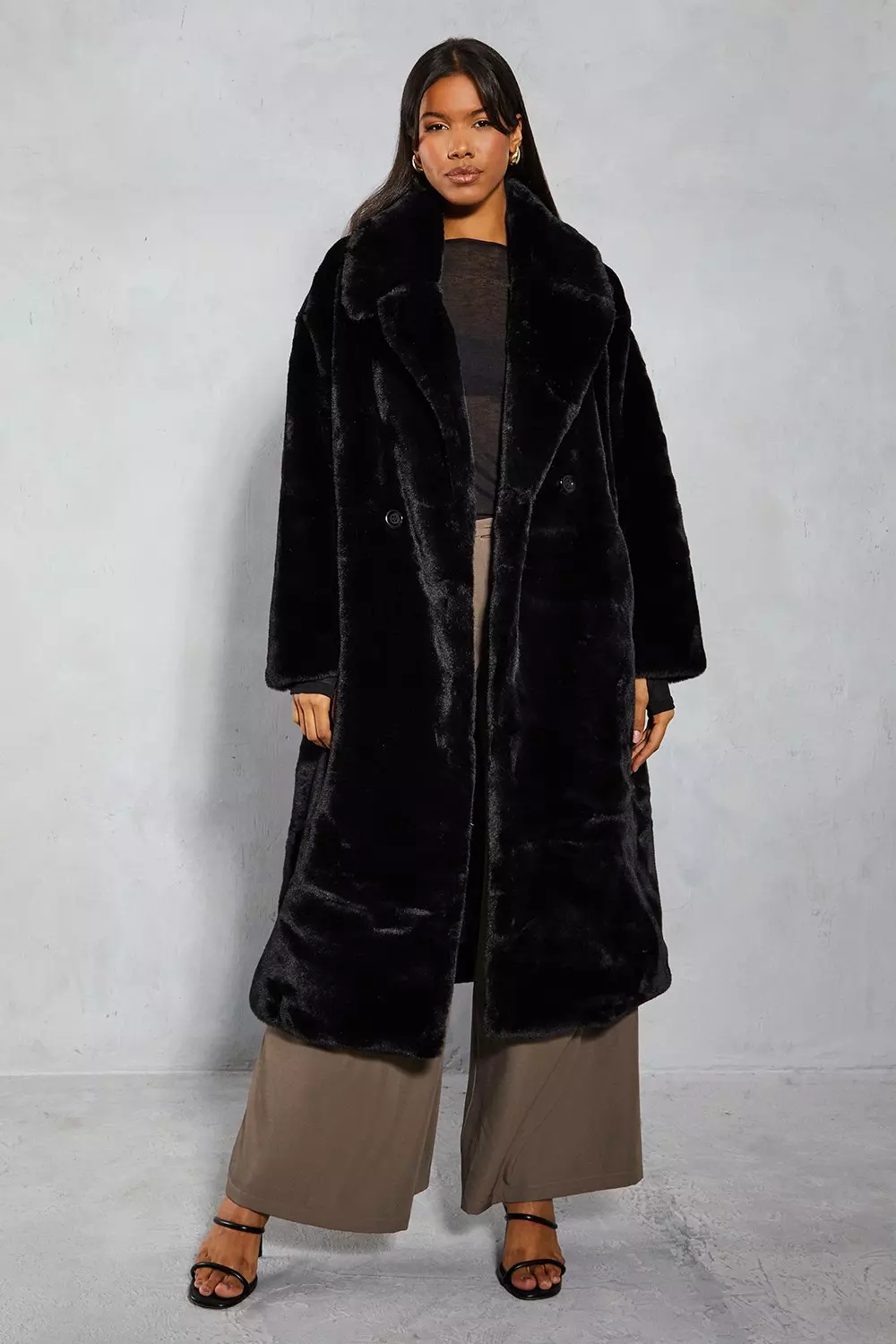 Black Faux Shearling Trim Faux Leather Maxi Coat