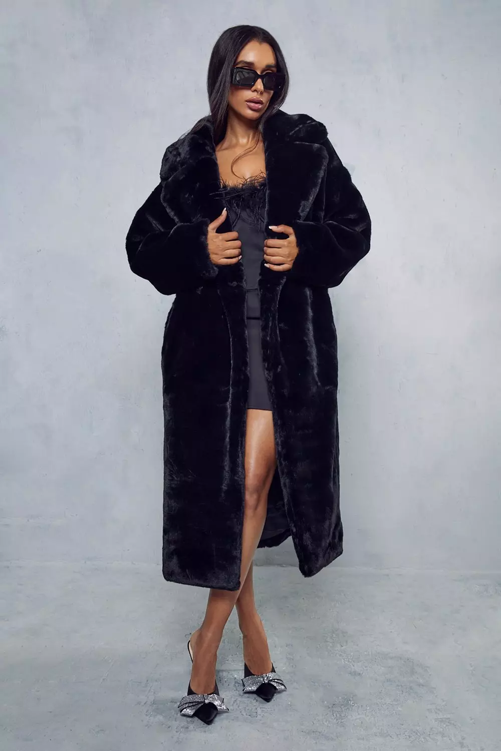 Black Premium Faux Fur Plush Military Maxi Coat