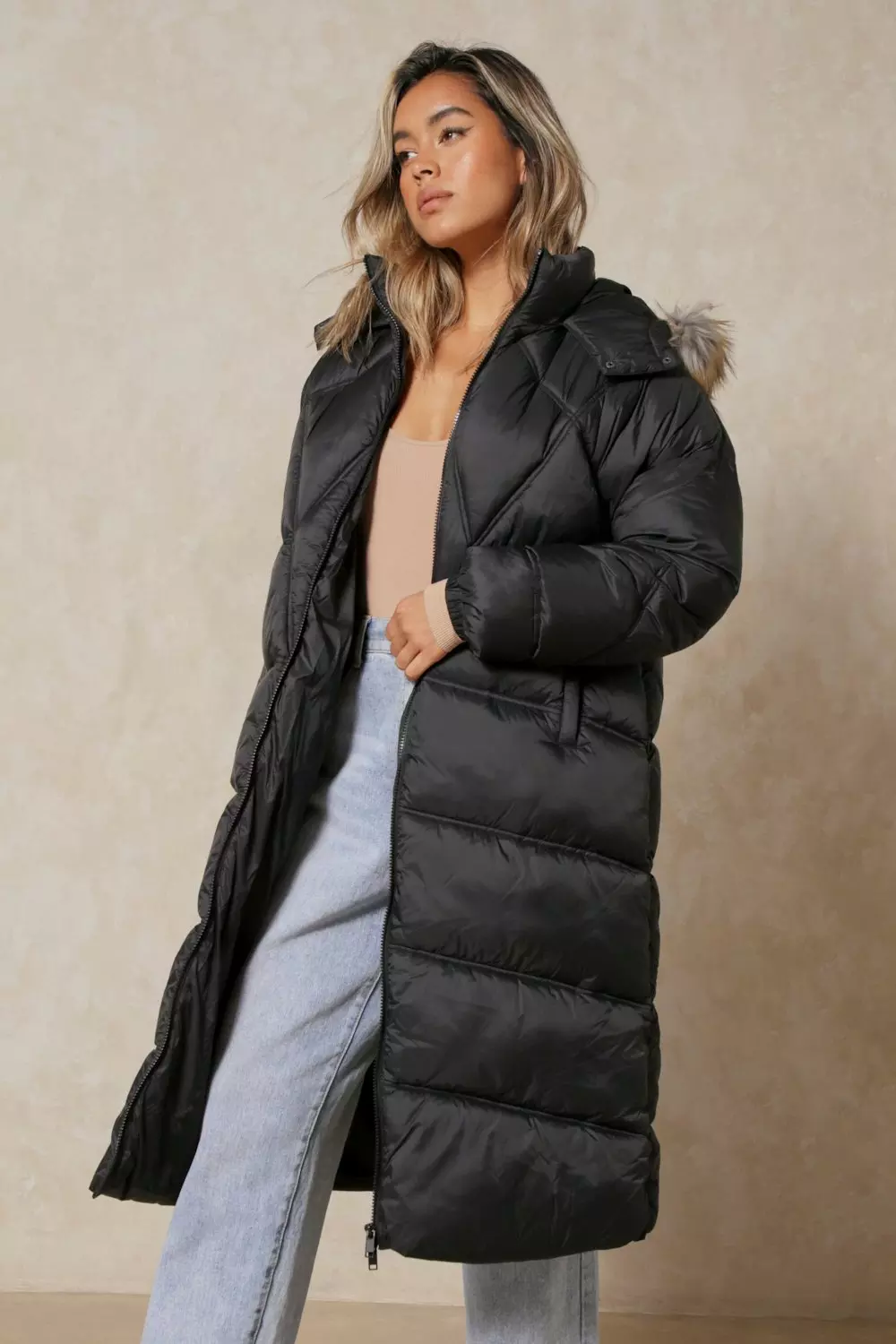 Recycled Faux Fur Trim Hooded Puffer Coat | Misspap UK