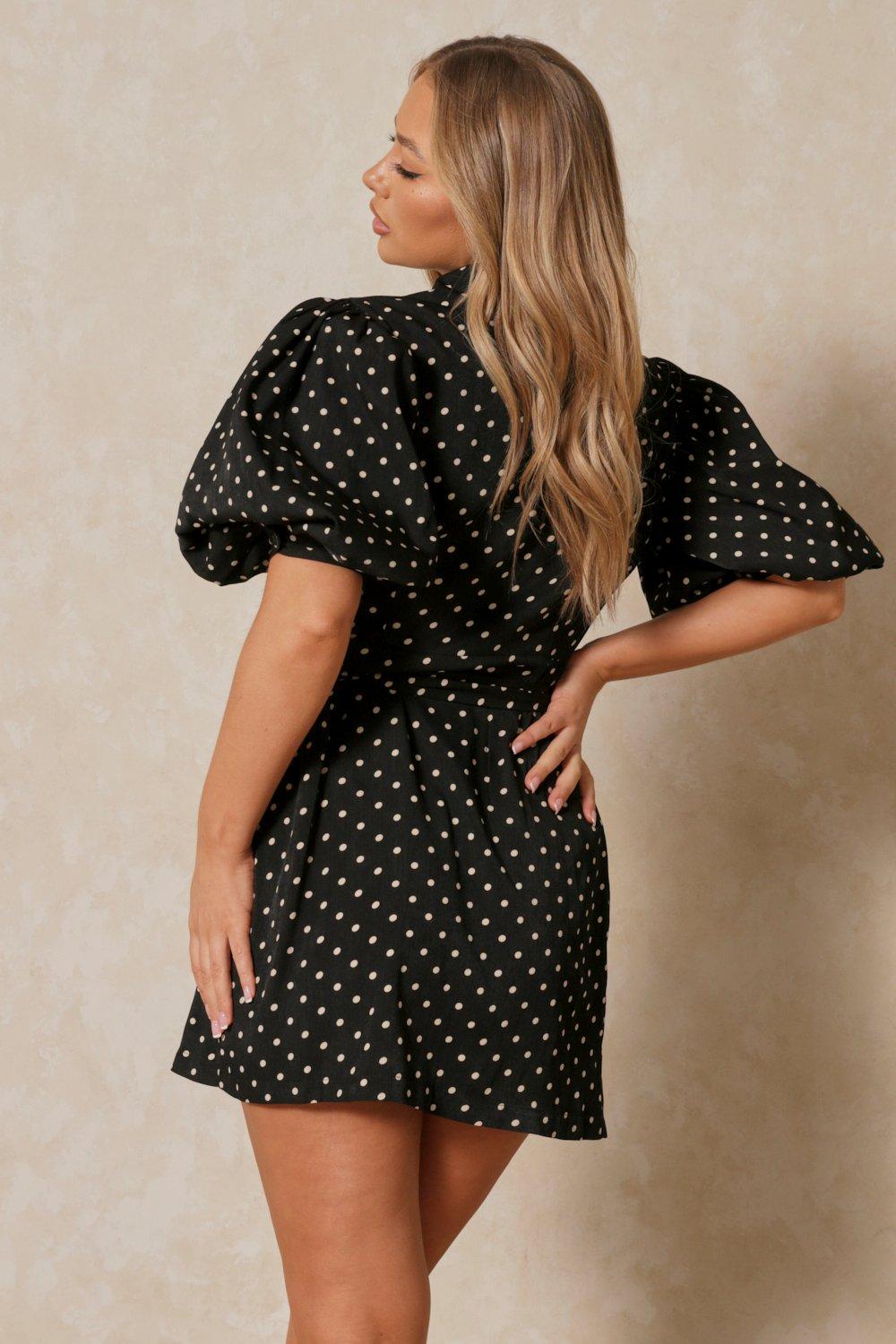 black polka dot dress with puff sleeves