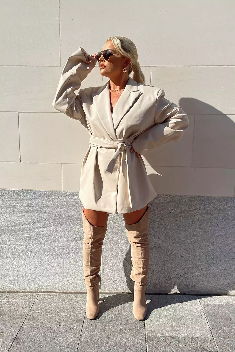 Leather Look Oversized Belted Blazer Dress