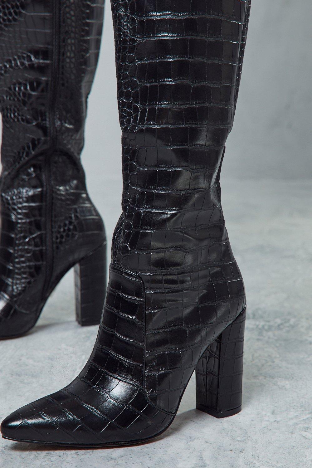 black crocodile knee high boots