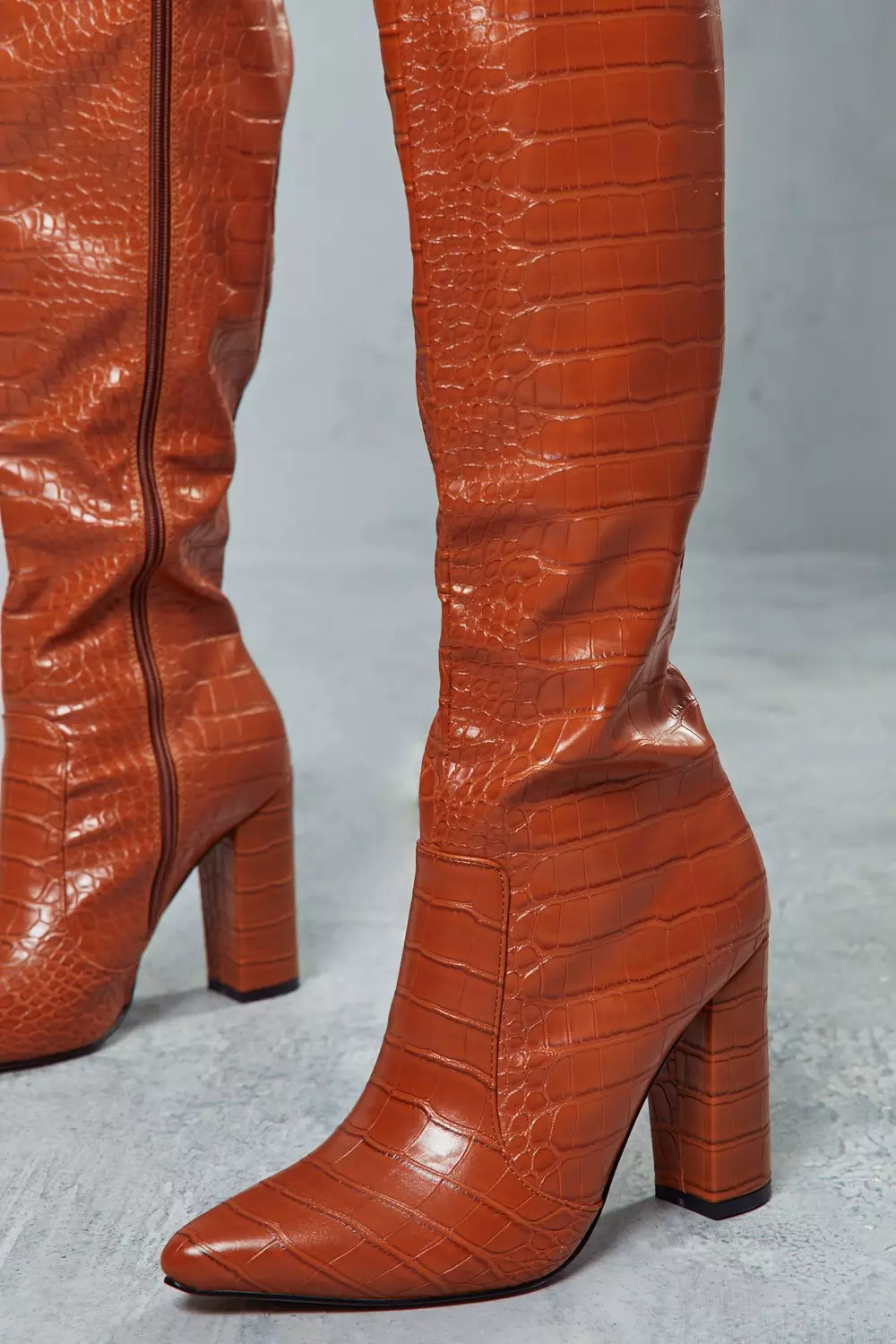 Croc Knee High Heeled Boots | Misspap UK