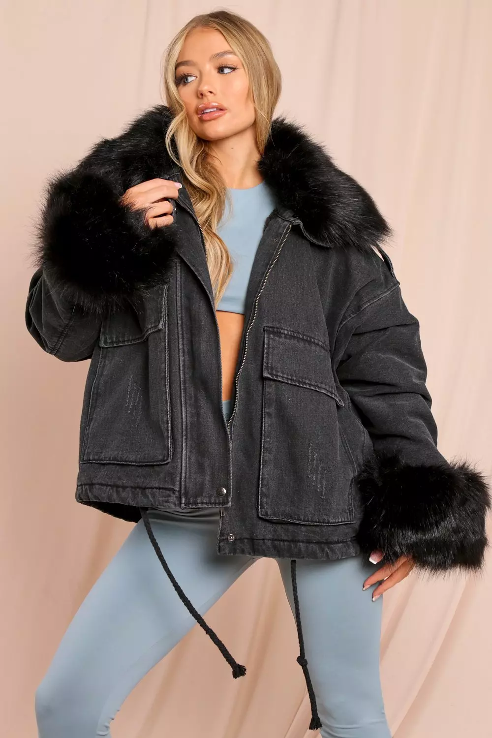 Denim jacket with eco-fur collar