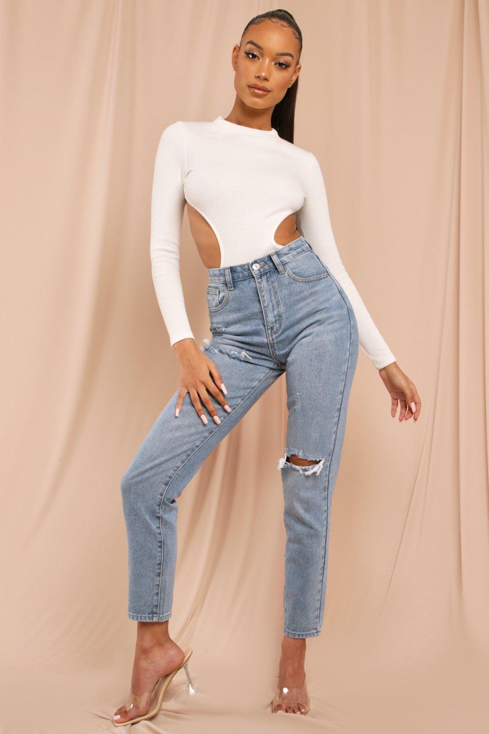 mid wash high rise distressed straight leg jeans