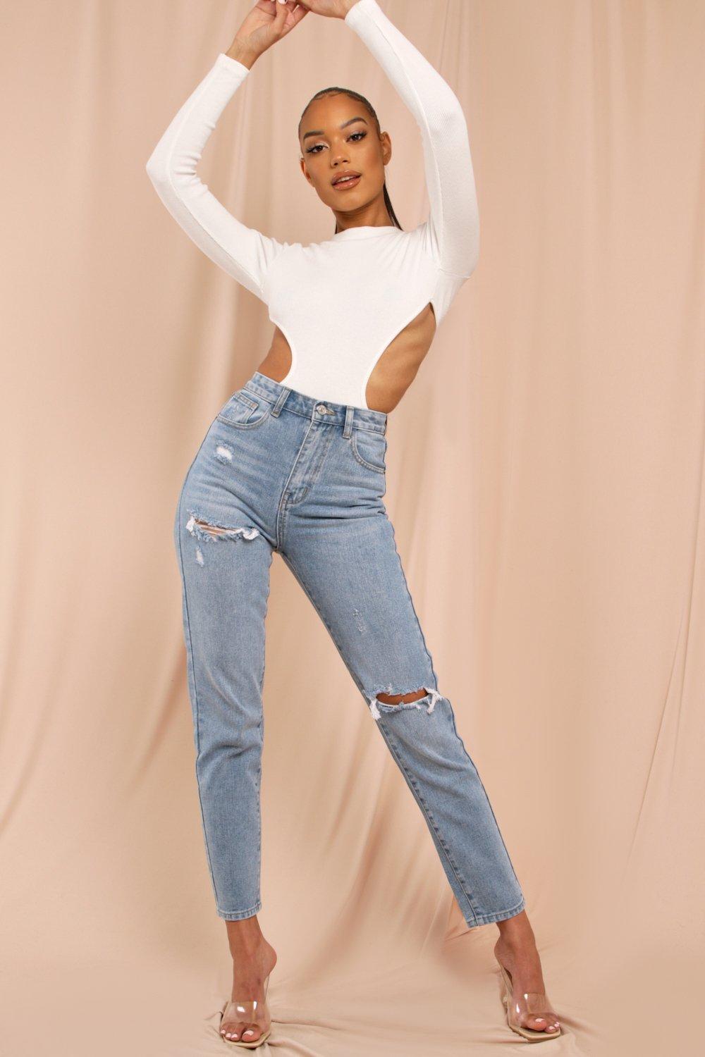 mid wash high rise distressed straight leg jeans