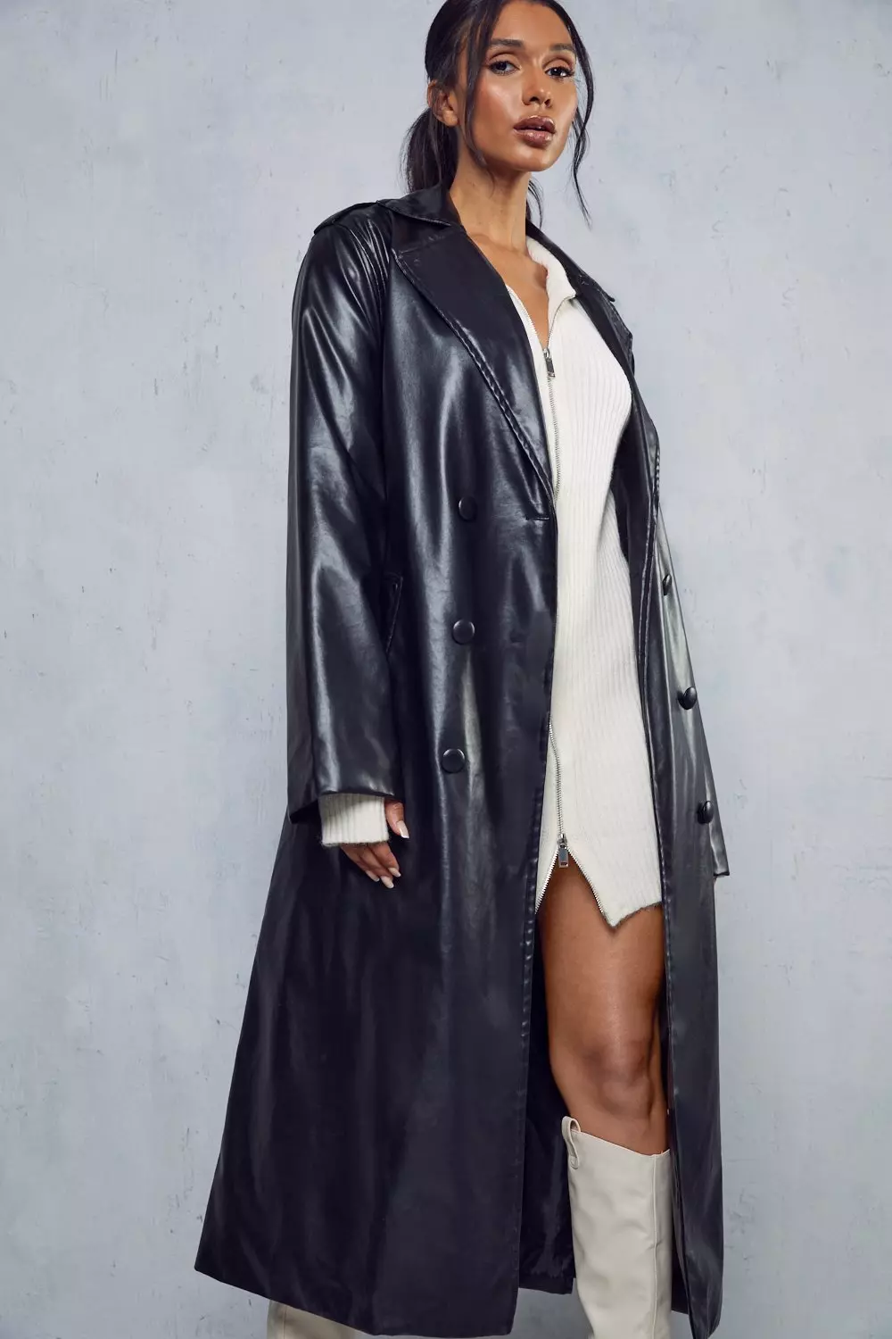 Missé Leather Look Longline Trench Coat