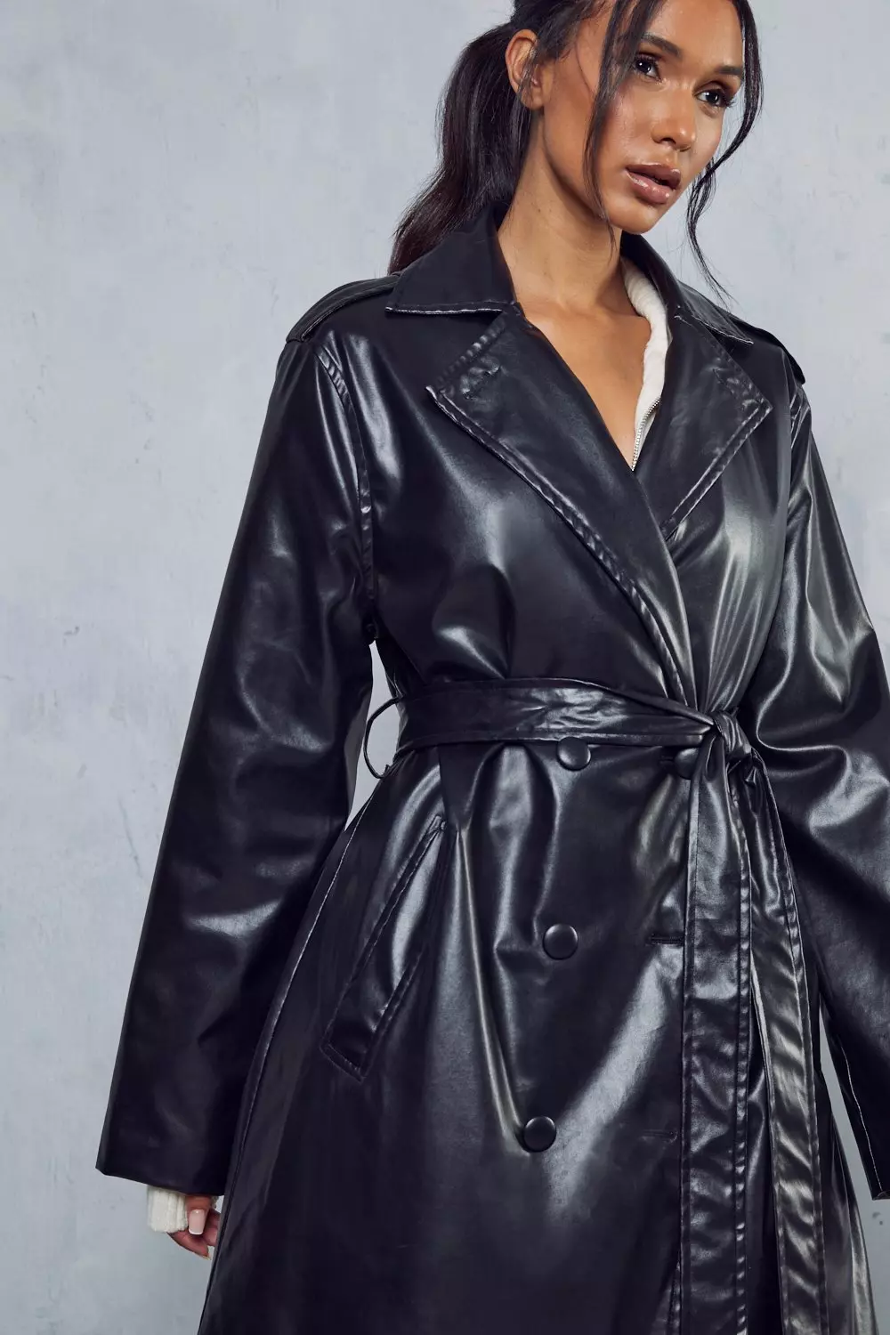 Faux Leather Belted Longline Trench Coat