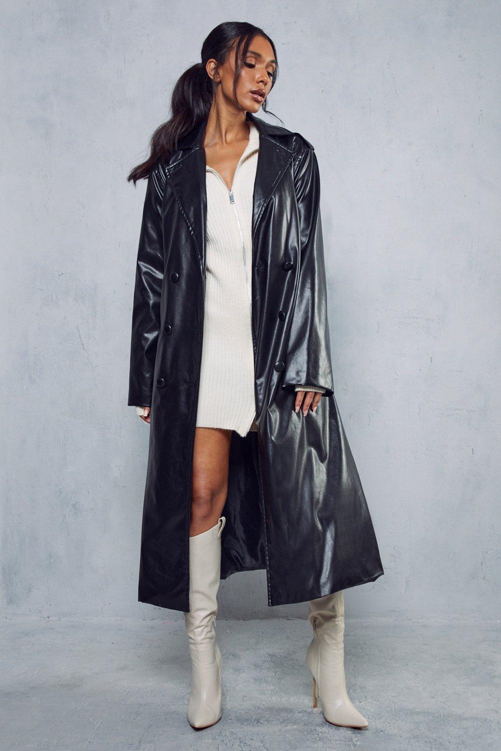 black faux leather longline trench coat