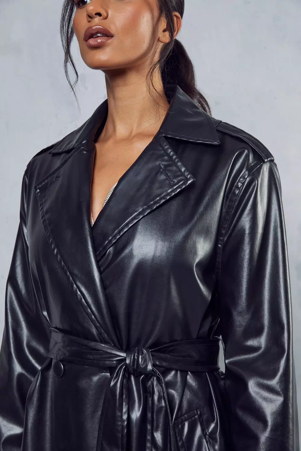 Faux Leather Belted Longline Trench Coat