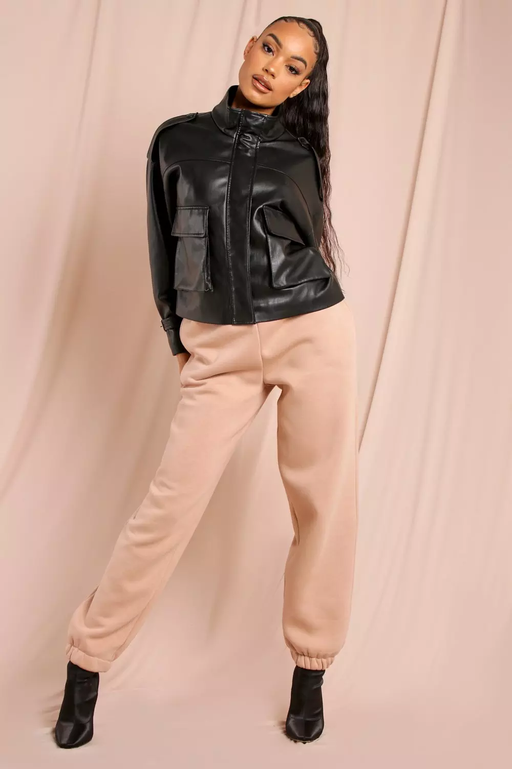 Leather Look Boxy Utility Jacket