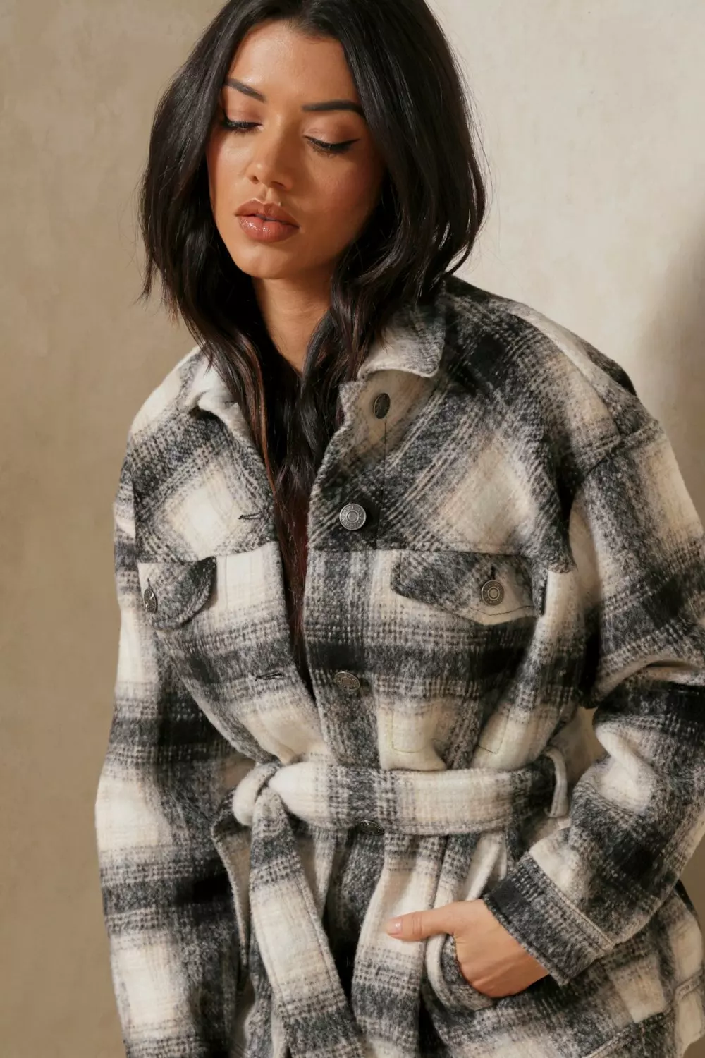 Brushed Check Oversized Belted Jacket | Misspap UK