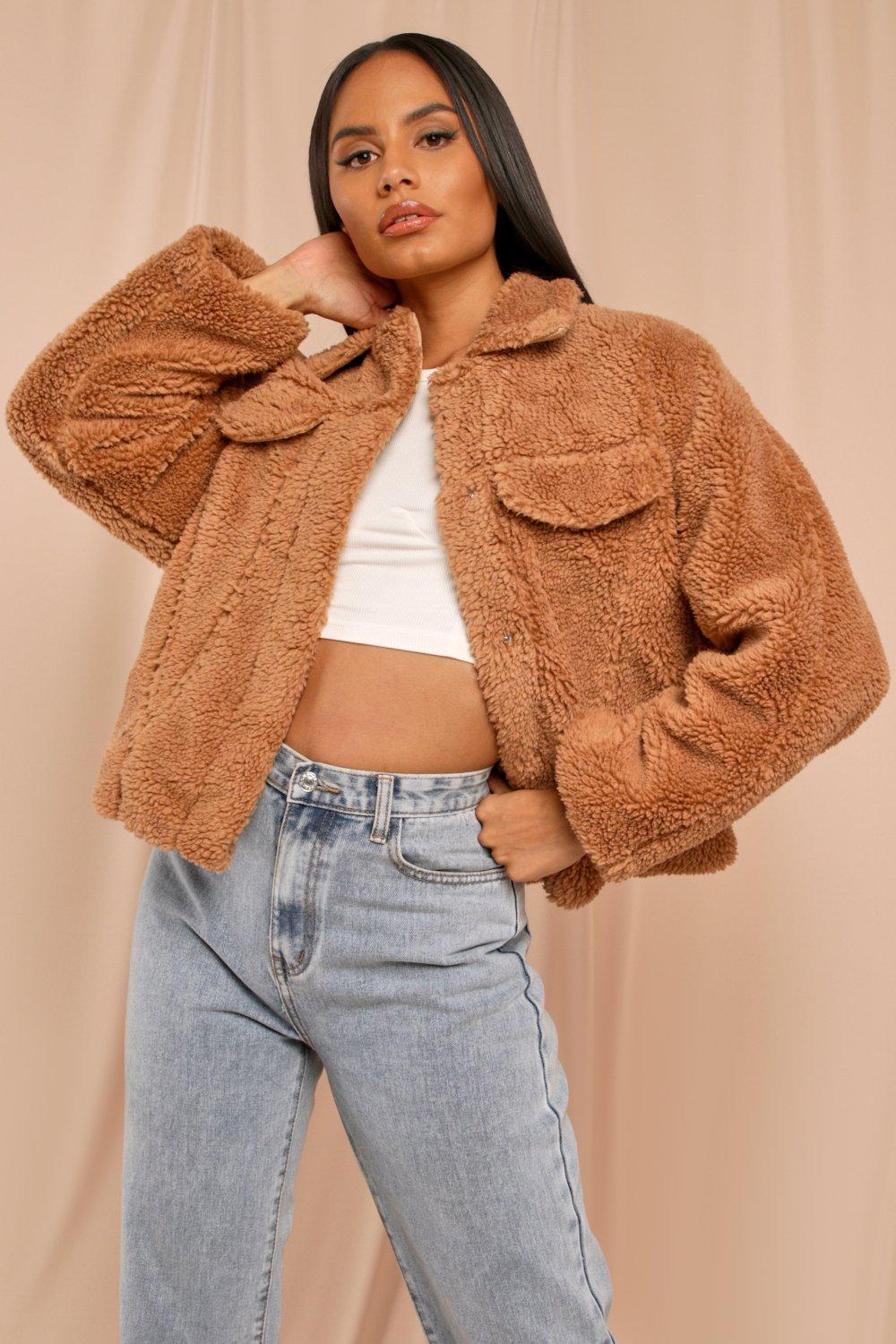 Oversized Faux Teddy Fur Pocket Detail Trucker Misspap Ireland