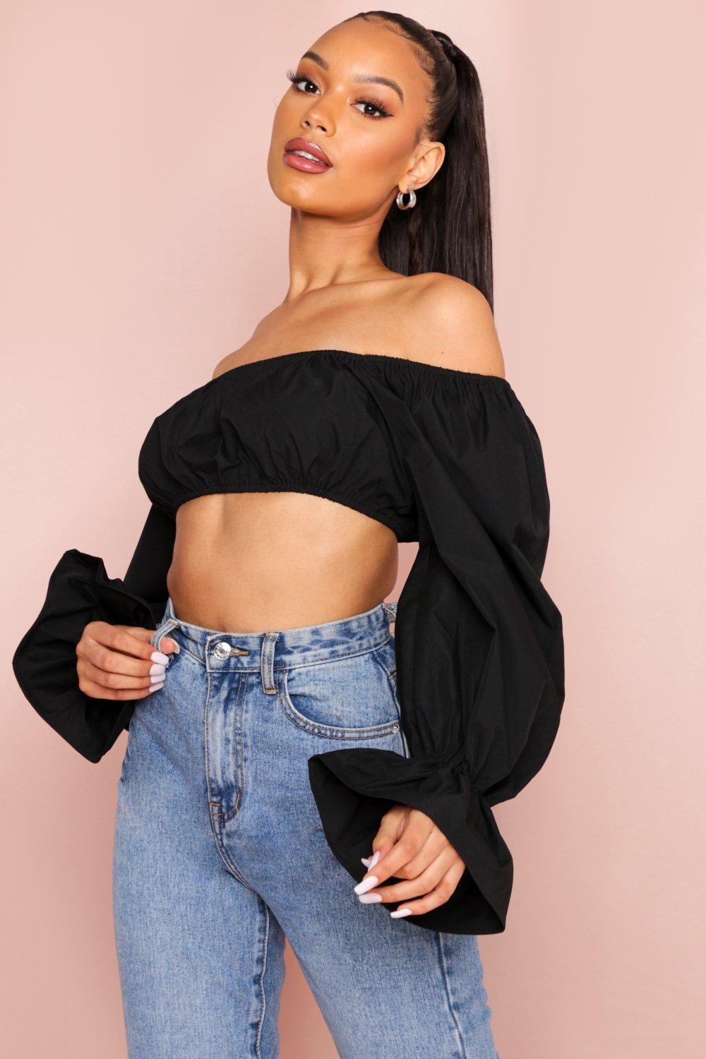 black bardot puff sleeve top