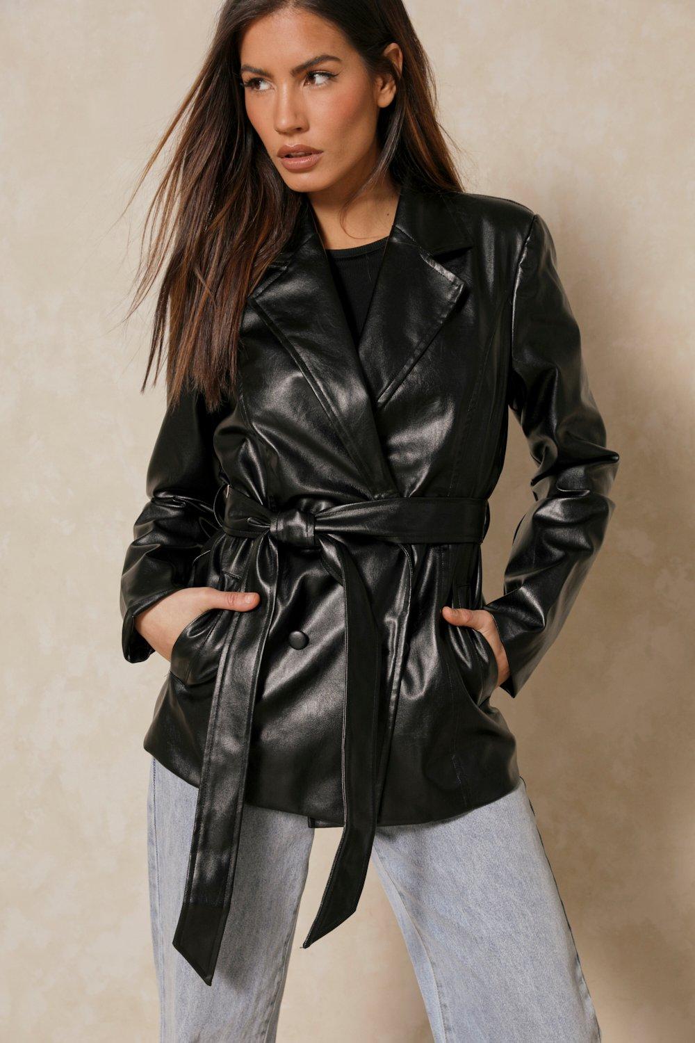 vegan leather belted long jacket