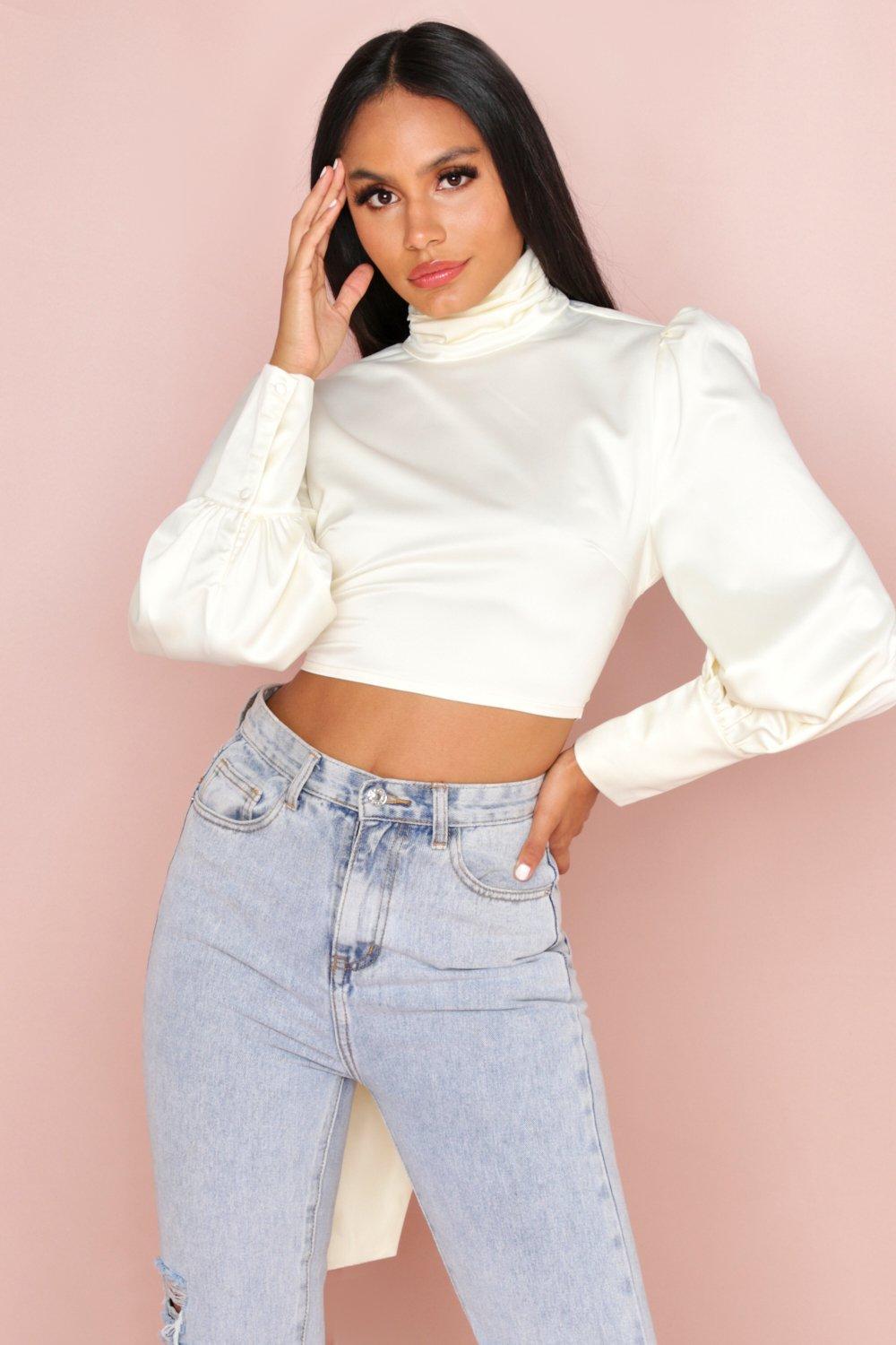 white satin high neck top