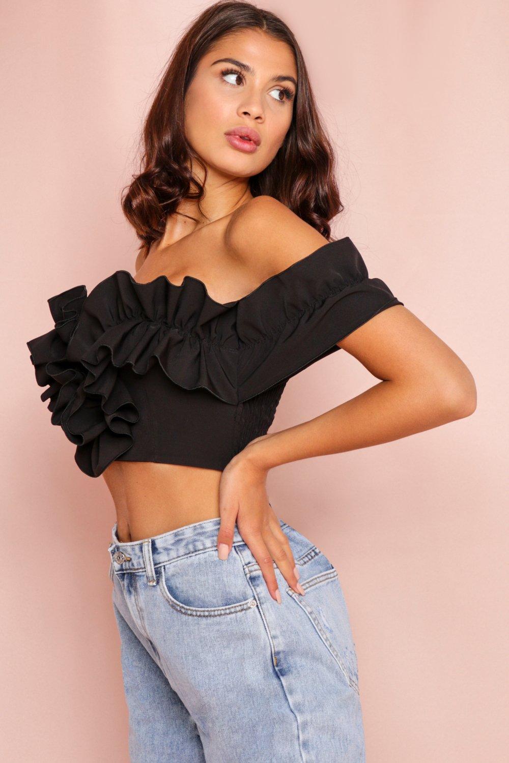 black ruffle bandeau top