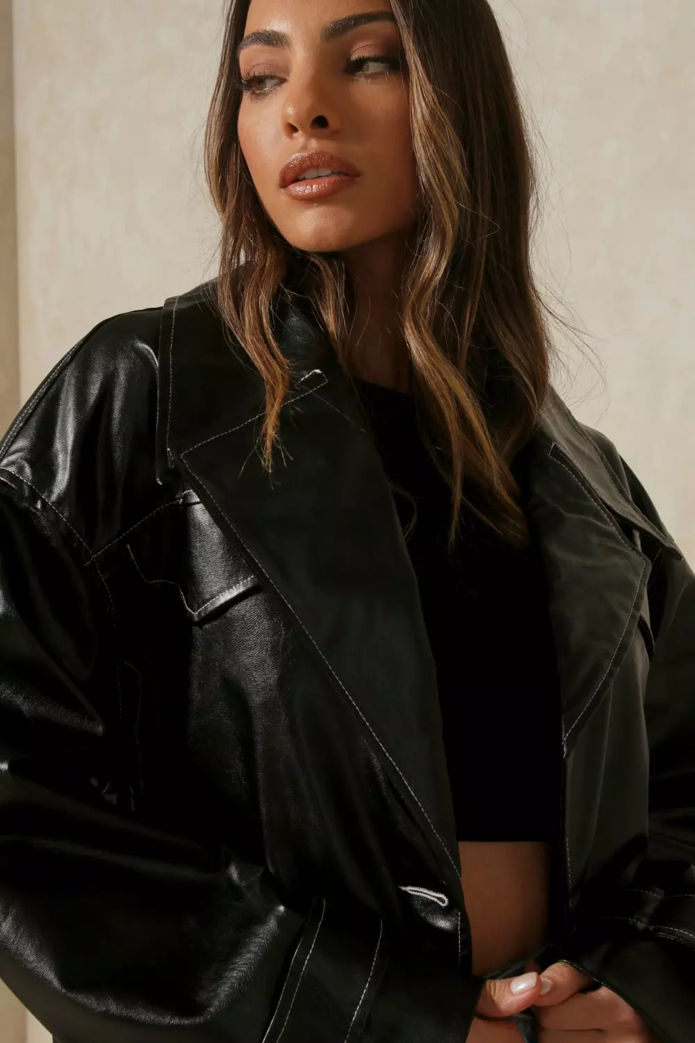 Tia Oversized Contrast Stitch Leather Look Jacket | Misspap UK