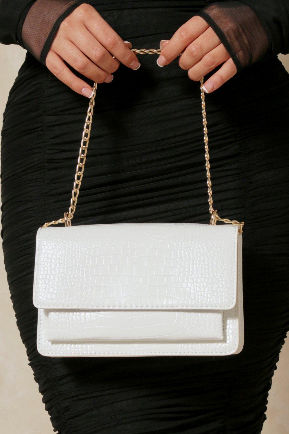 Women's White Croc Chunky Chain Shoulder Bag