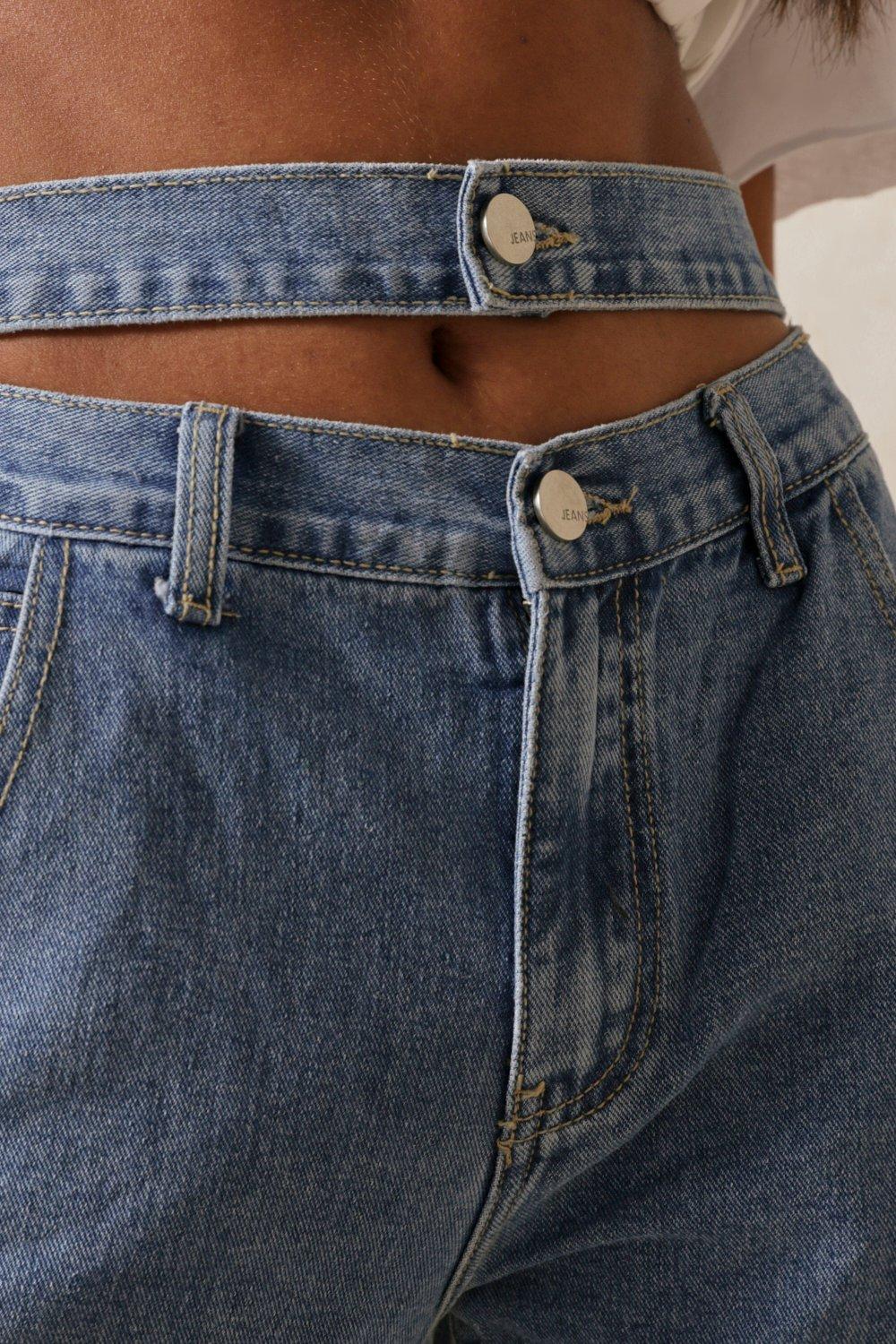 Double Waist Band Cut Out Detail Jeans Misspap Uk