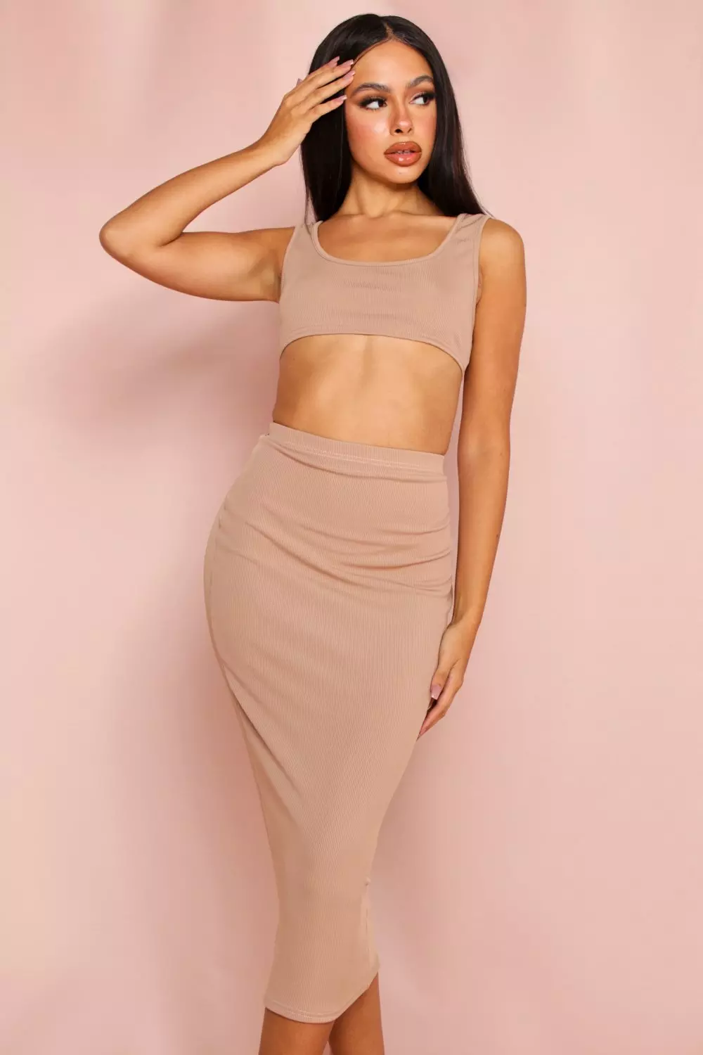 Ribbed Scoop Crop And Midi Skirt Set Misspap Ireland