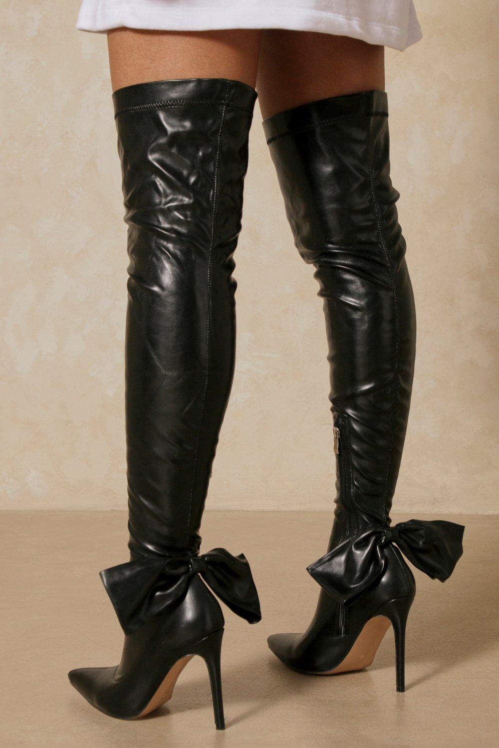 leather look thigh high boots