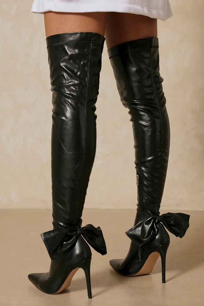 interrupt vice versa Associate Faux Leather Bow Detail Thigh High Boots | Misspap UK