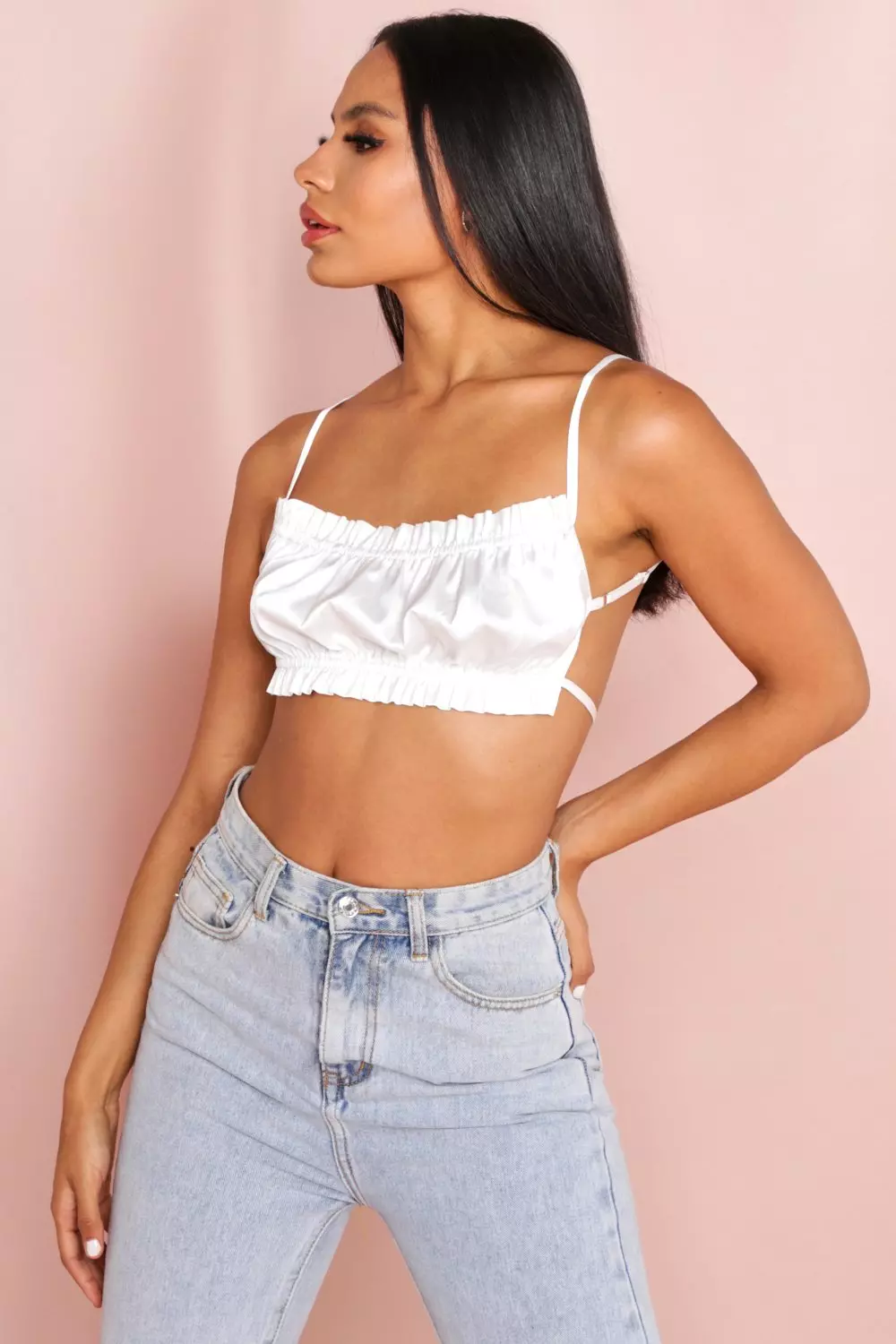 Satin Ruched Tie Back Crop Top | Misspap UK