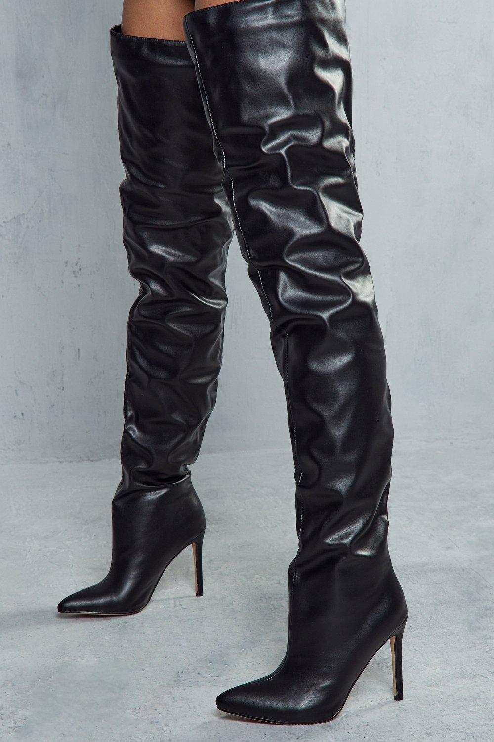 black leather thigh high heel boots