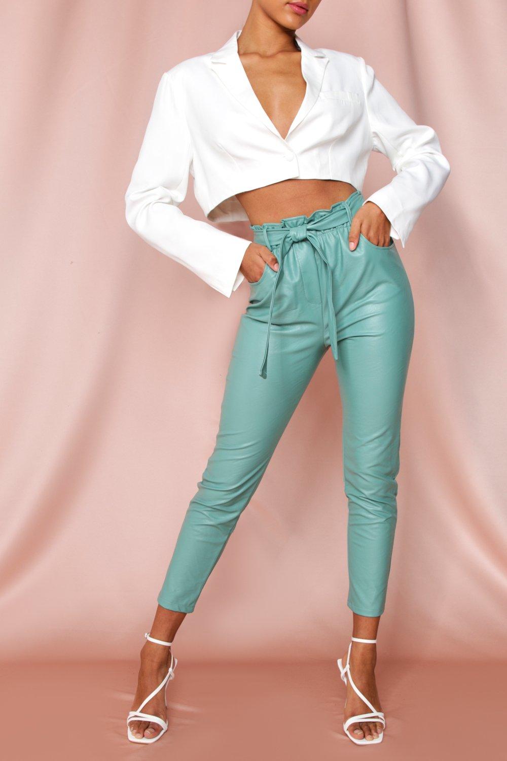 green leather look trousers