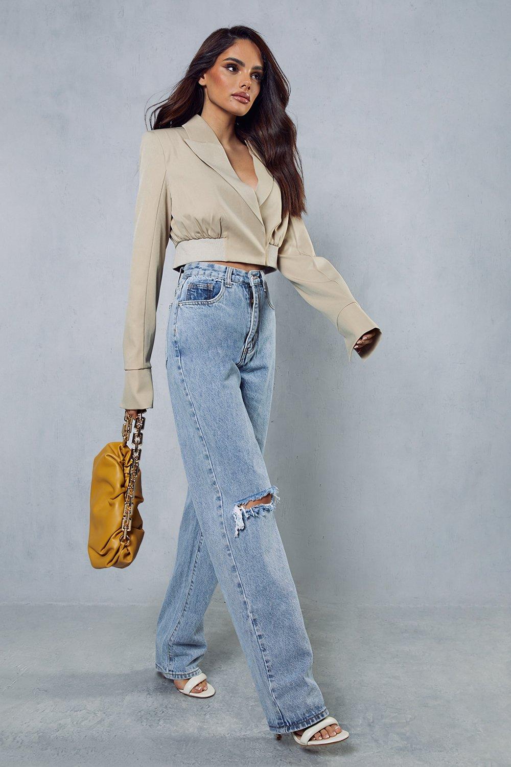 mid wash high rise distressed straight leg jeans