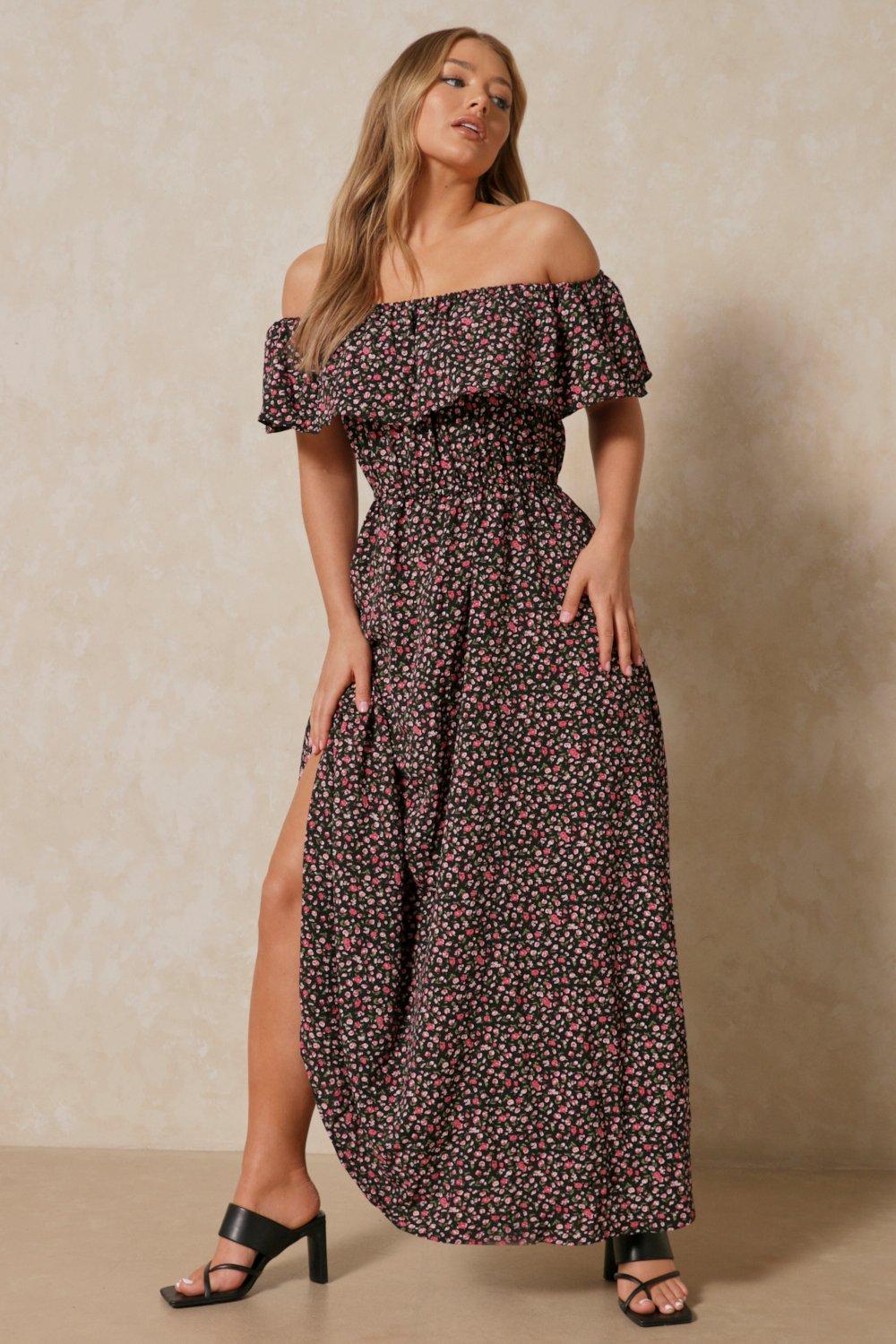 bardot frill maxi dress