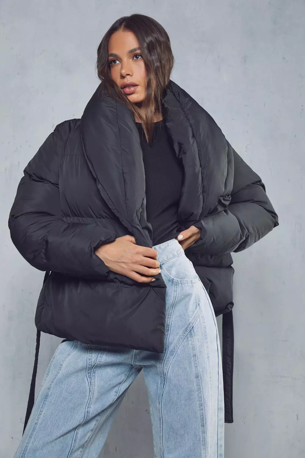 Maternity Black Collar Belted Longline Puffer Coat