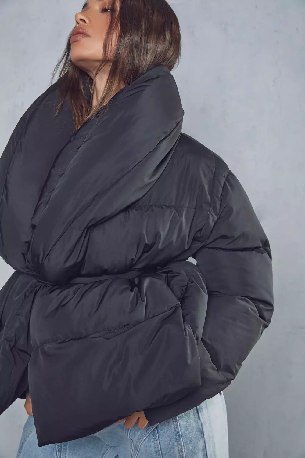 Padded Collar Duvet Belted Puffer Coat