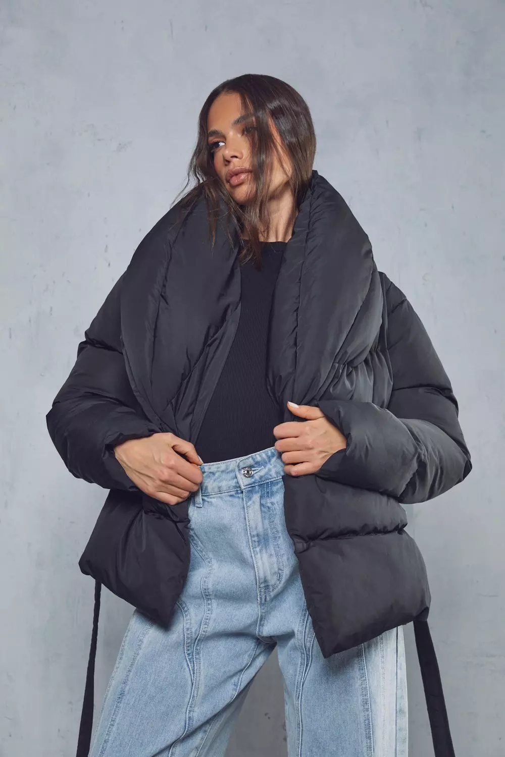 Wrap Detail Belted Duvet Puffer Jacket