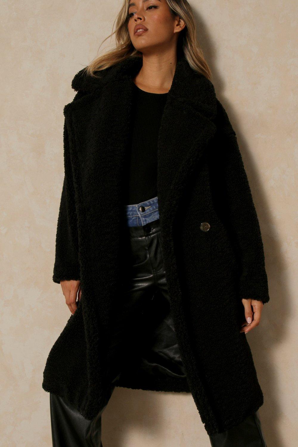 black teddy faux fur long coat