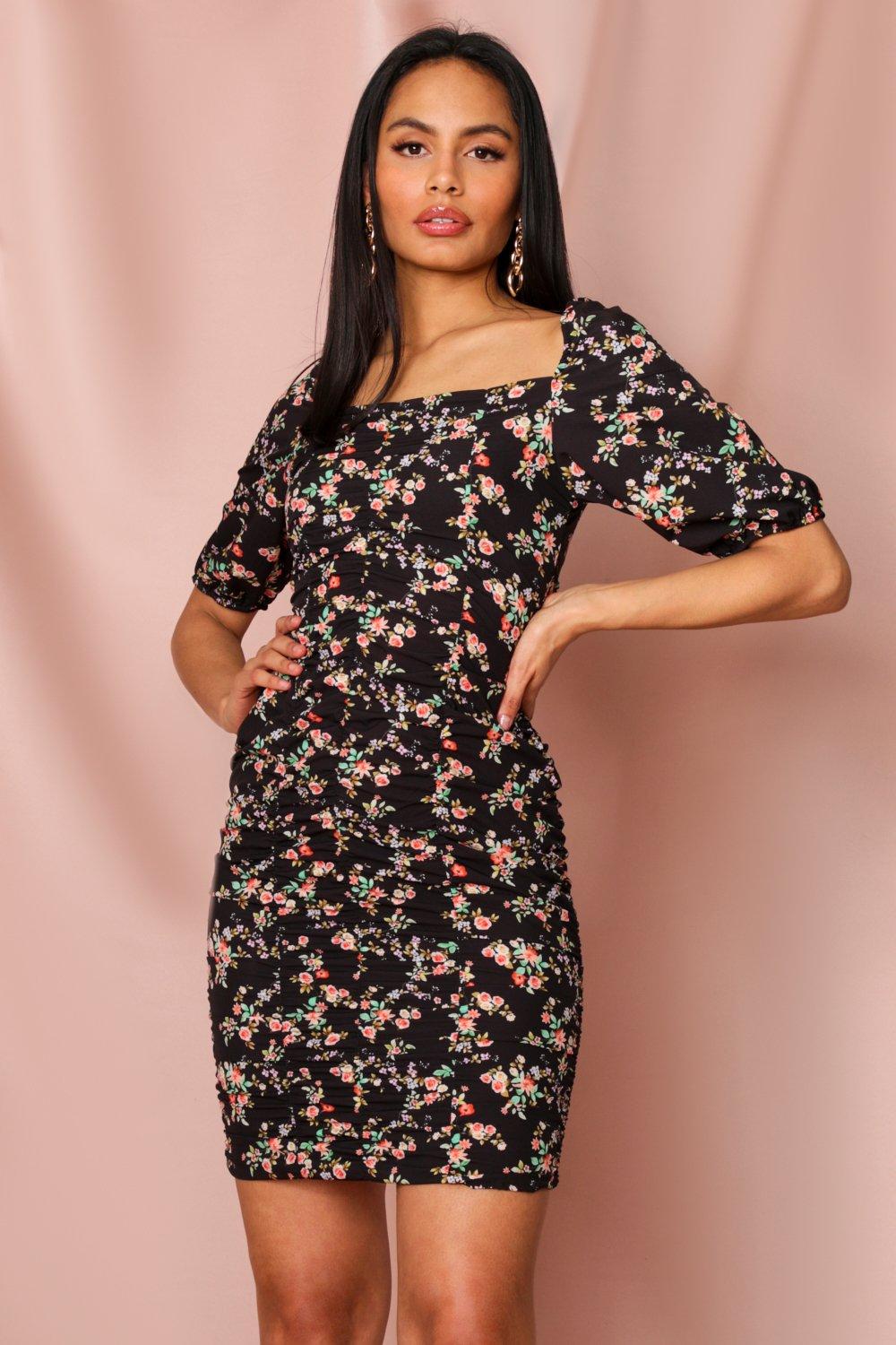 floral ruched mini dress